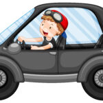 Cartoon girl driving black car  illustration
